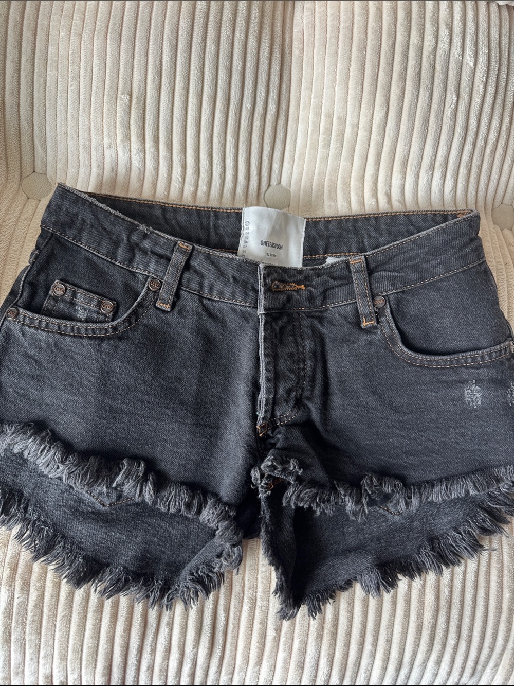 One Teaspoon Black Distressed Frayed Denim Shorts